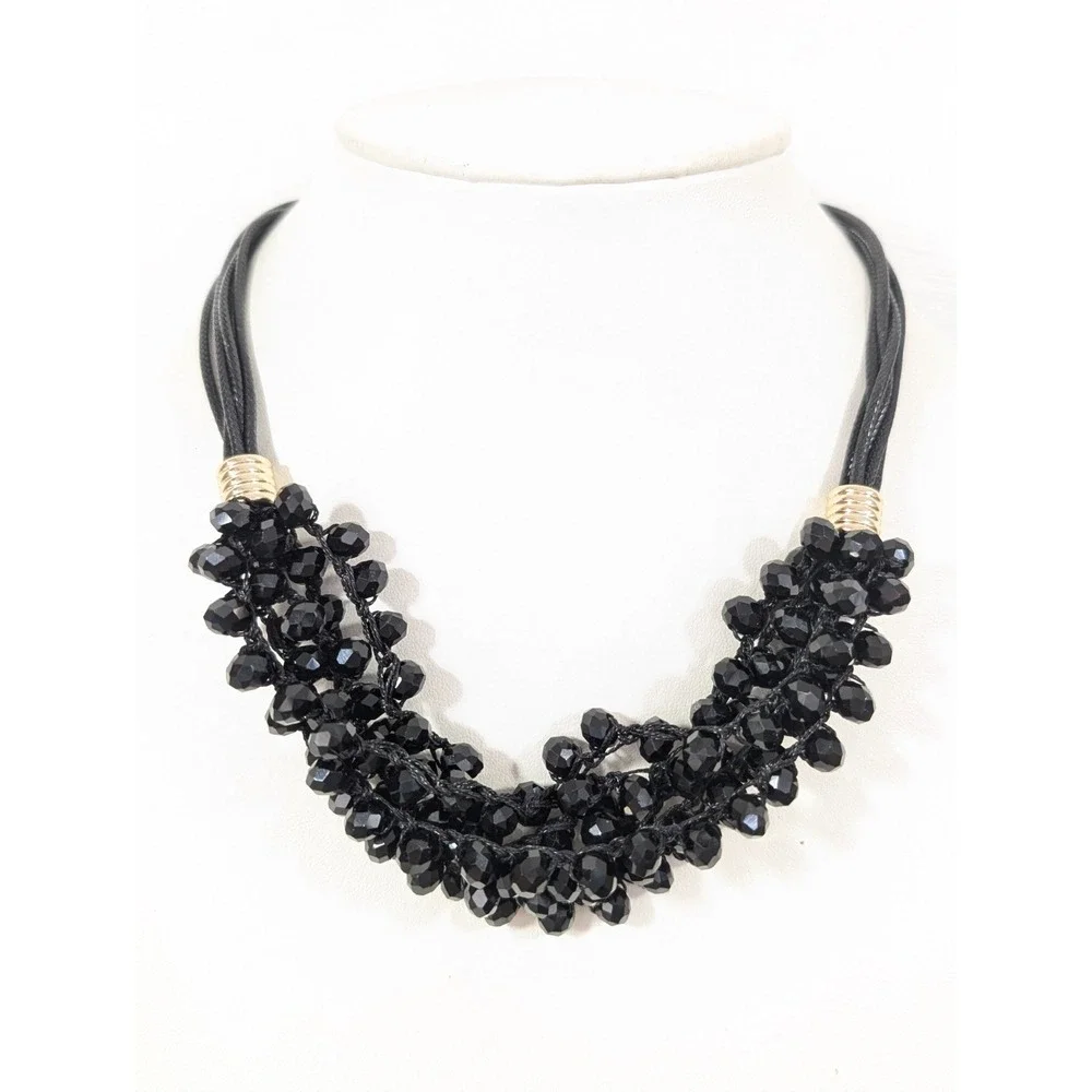 Black Faceted Glass Bead Statement‎ Necklace Multi Cord Modern 21 in